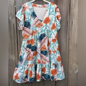 THML Tropical Beach Floral Babydoll Dress Turquoise Orange Women’s Size Medium